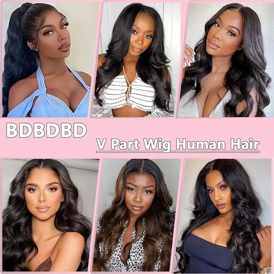 V جزء الباروكات شعر الإنسان 100% البرازيلي الجسم موجة خصلات الشعر المستعار الإنسان لا ترك لا خياطة غلويليس 250 الكثافة الطبيعية الأسود للنساء