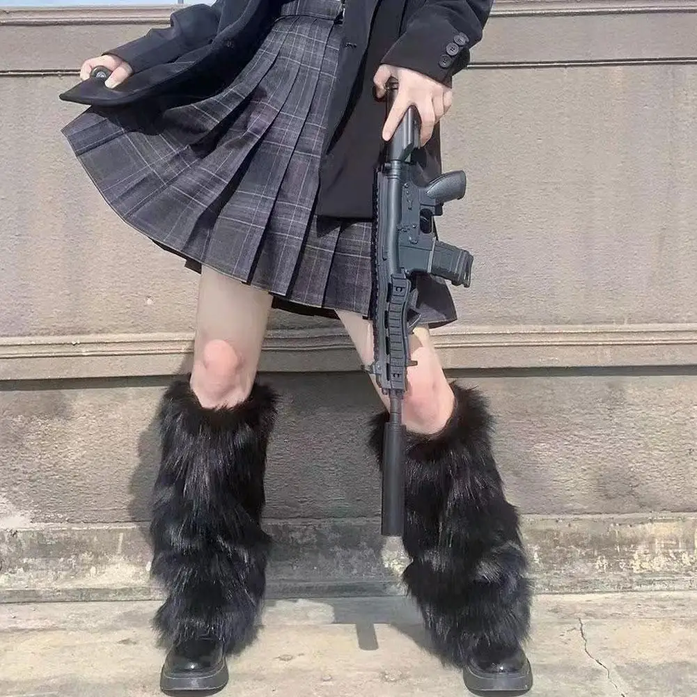 Calentadores de piernas de piel Artificial para mujer, calcetines de punto blancos y negros de otoño e invierno de Lolita japonesa, calentadores de piernas para mujer