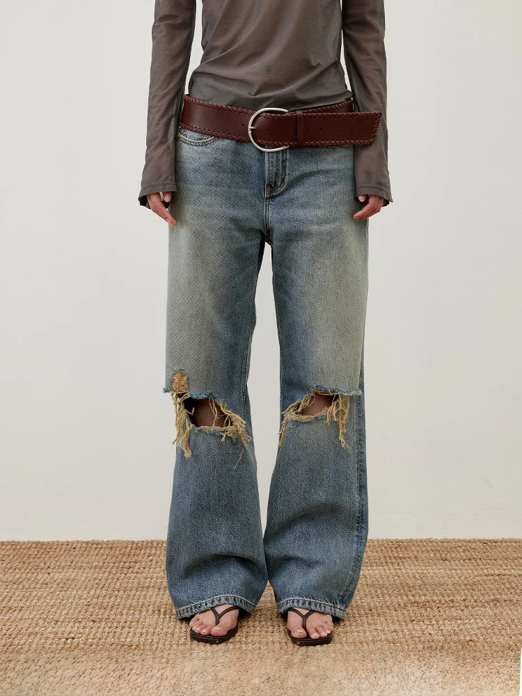 

Summer New Long Velvet Cotton Retro Bell Bot Jeans Hole Design Leg a Women's Casual Loose Fit Jeans Cotton Denim