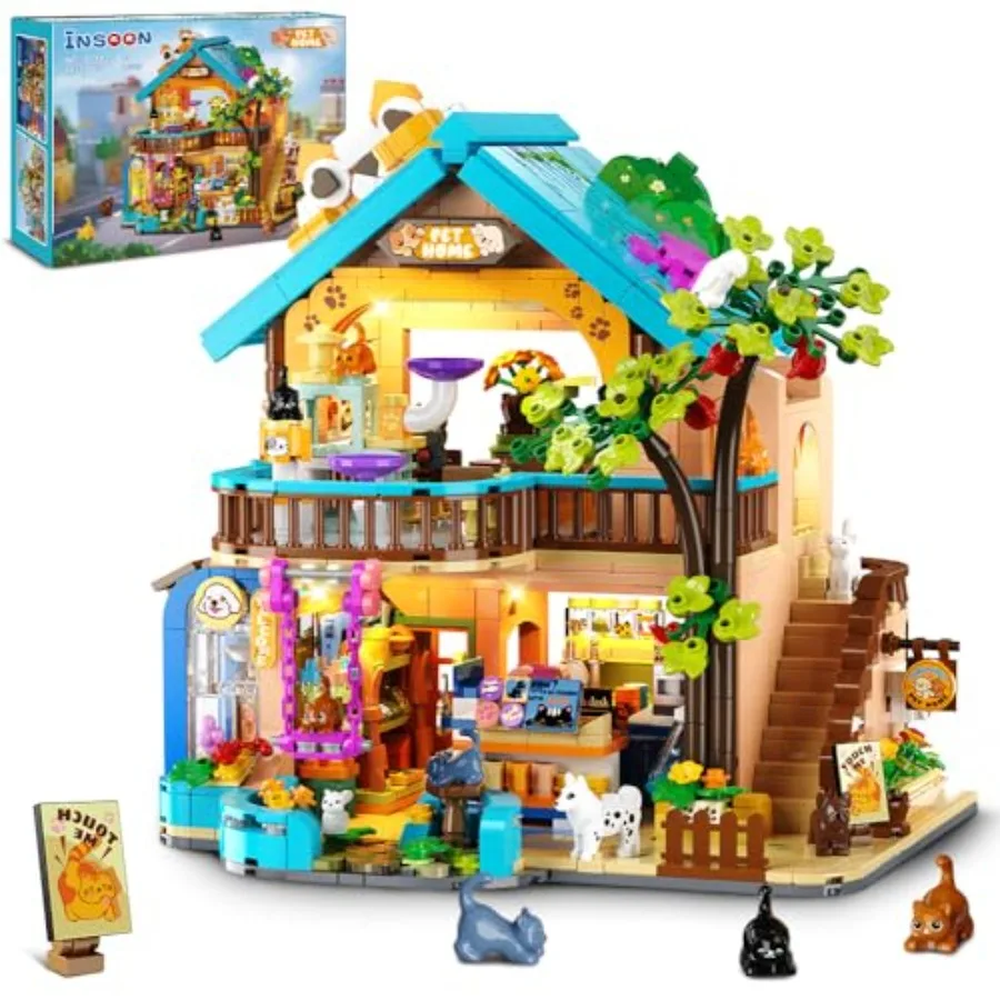 

City Pet Shop Building Set with Lights Cozy Pet Store Construction Toy with Cats Dogs Cute Animal Store Miniature House Model B