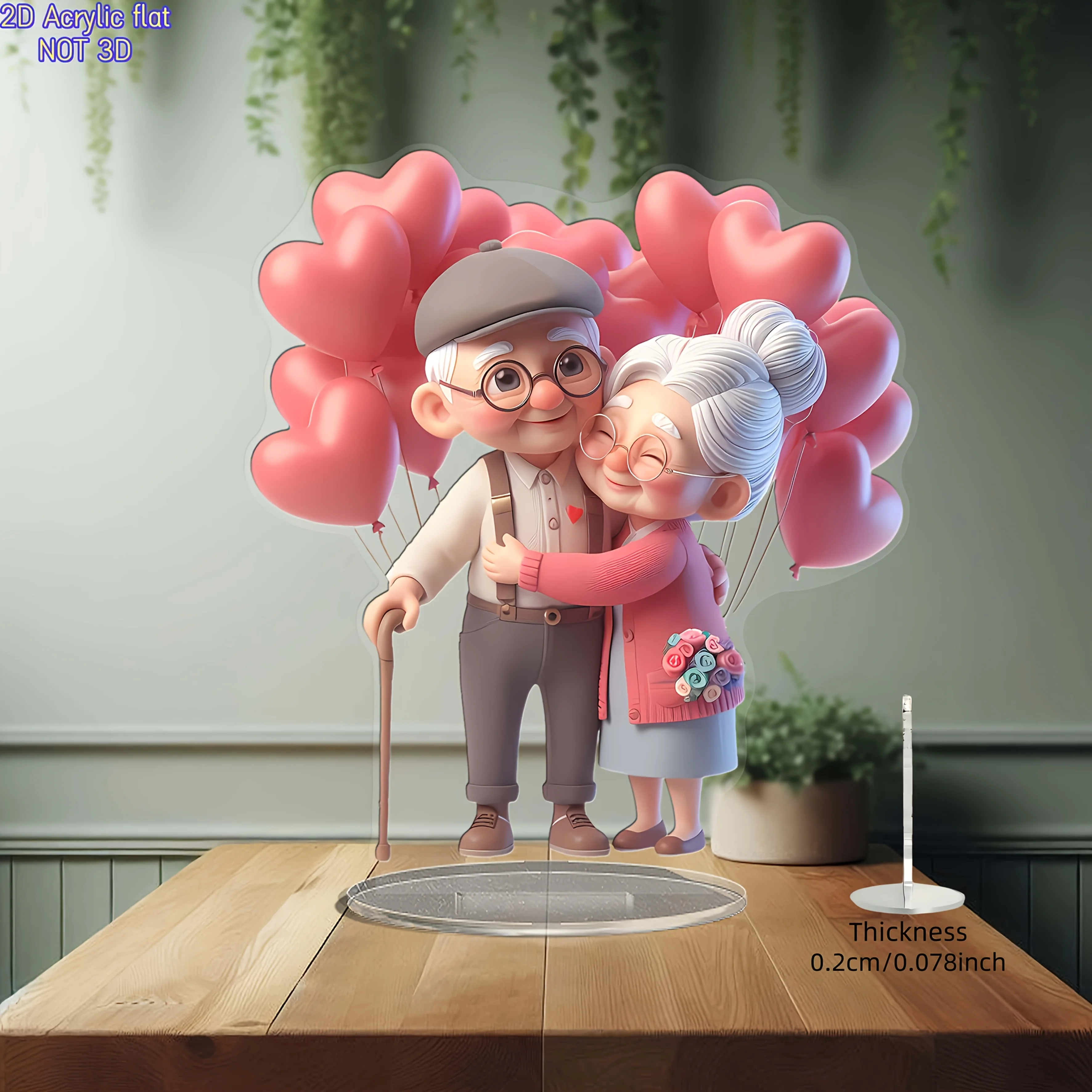 Cute Hugging Elderly Couple 2D Flat Acrylic Stand Sweet Heart Balloon Desktop Ornament Anniversary Valentine Home Decor Gift
