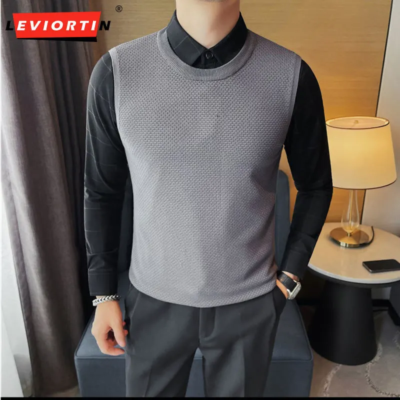 

Autumn Winter Knitted Business Sweaters Men Shirt Collar Long Sleeve Two Fake Vest Shirts Casual Social Streetwear Pullover