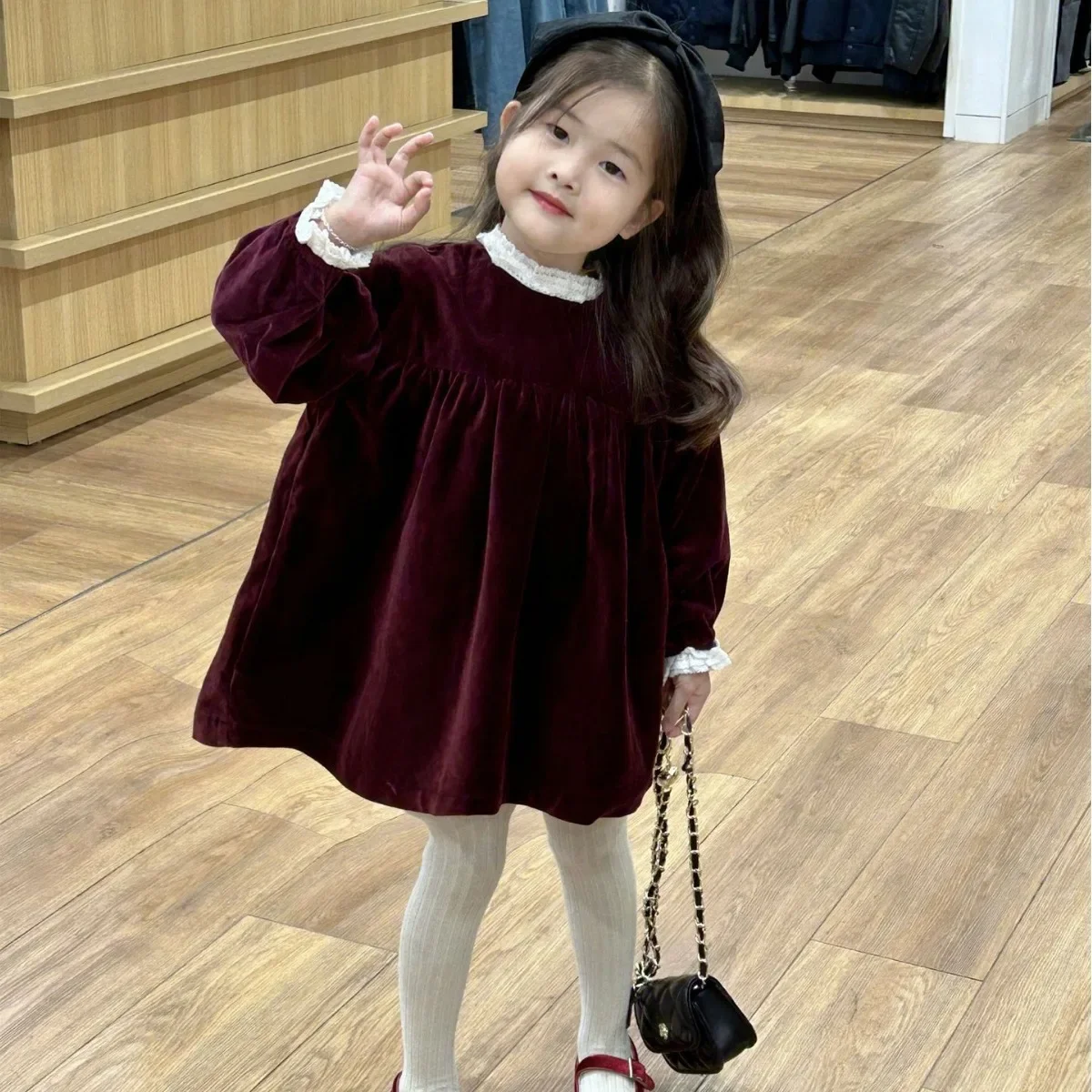 Girls Wine Red Velvet Autumn Winter Princess for Girls Warm Long Sleeve Clothes Baby Kids Clothes Girls Dress