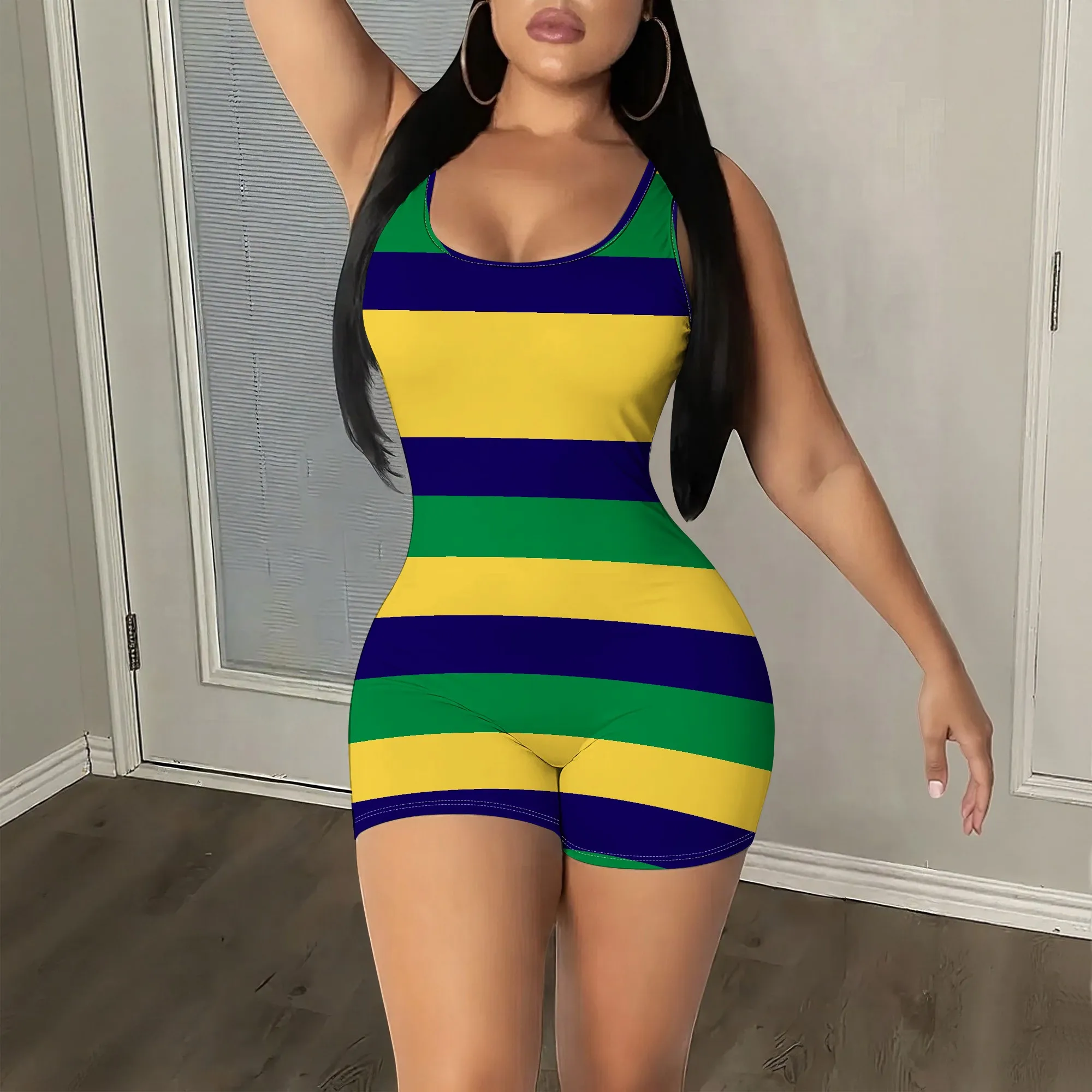 Striped Print, Sleeveless Romper, Racerback Bodysuit, High Waist Shorts, Casual Summer Wear for Women, S-2XL