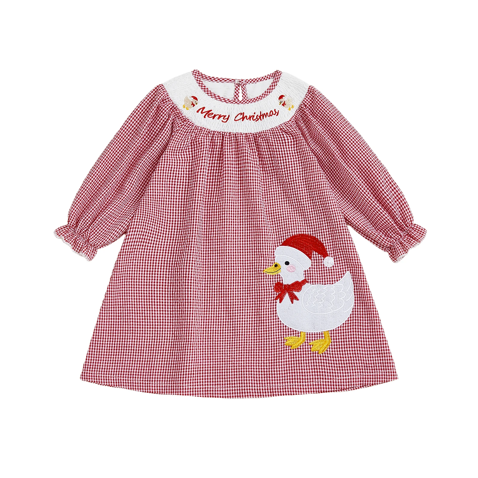 

Рождественское платье трапециевидной формы для маленьких девочек, клетчатое платье с принтом животных и вышивкой, с круглым вырезом и длинными рукавами