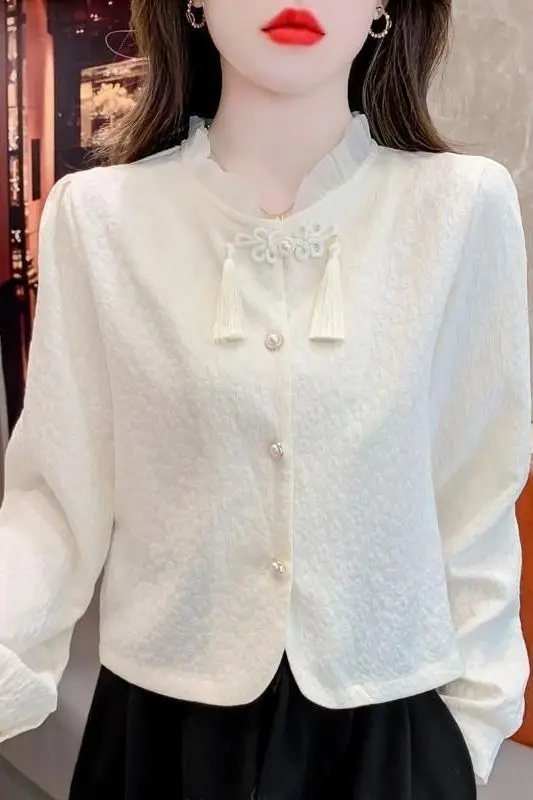 2026 chinese national retro style women jacquard long sleeve shirt cheongsam buttoned stand collar short elegant tang suit top