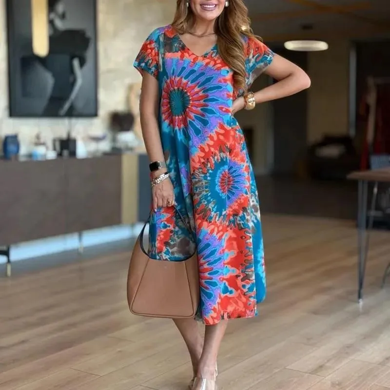 Boho Retro Tie-dye Print Dress Women Fashion V Neck Loose Casual Party Dress Summer Short Sleeve 2025 New Holiday Long Dresses