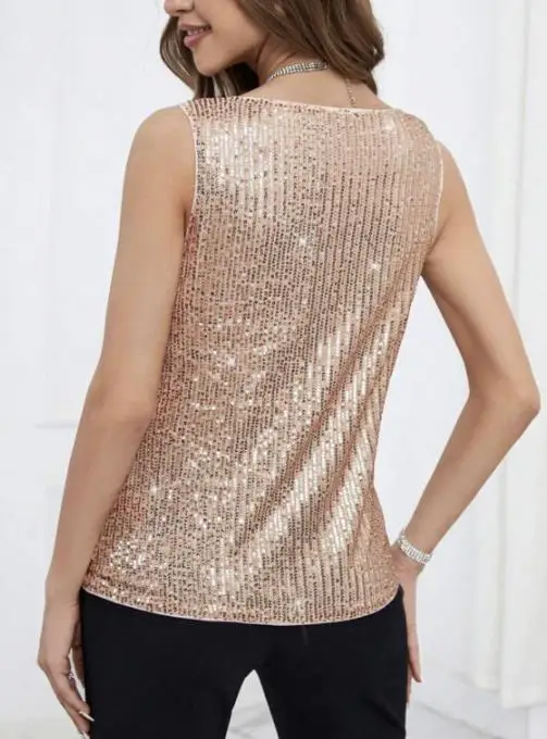

2025 Trendy Sexy Collar with Fashionable Sequin Decoration, Loose Vest, Summer New Style, Personalized Luxury Sleeveless Vest