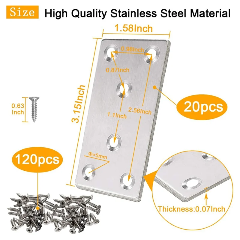 AS94-20 PCS Piastre di riparazione piatte Staffa piatta 3X1.5 pollici Piastre di giunzione per rammendo in acciaio inossidabile Staffa di fissaggio per riparazione per recinzione