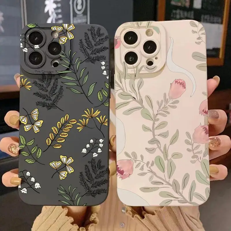 

Чехол для телефона Flower Leaf для IPhone 16 Pro Max 15 Pro 14Plus 13 12 11 XR X/XS, противоскользящий мягкий защитный чехол из ТПУ для телефона