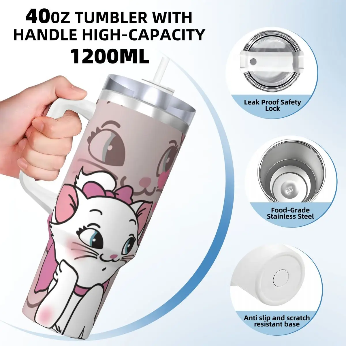 Cartoon Pink Marie Cat Stainless Steel Tumbler Kawaii Beach Thermal Cups With Straws and Lid Mugs Cup Cold and Hot Water Bottle