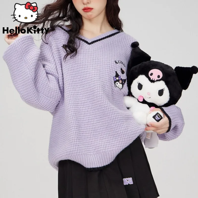 Sanrio Kuromi Pom Pom Purin My Melody Cinnamoroll Knitted Sweater College Style Soft Cute Sweet Embroidered Navy Collar Pullover