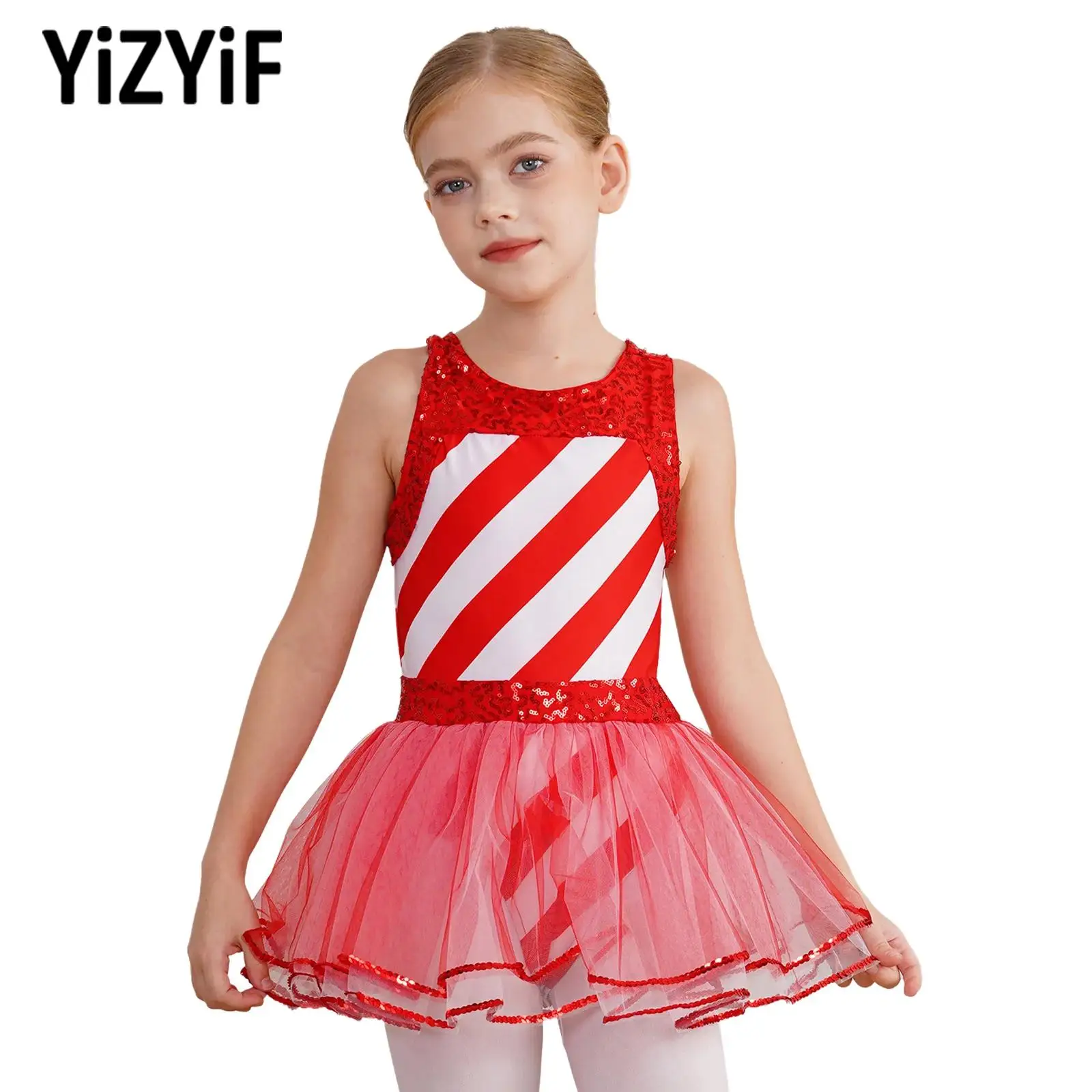 Kids Girls New 2024 Christmas Candy Cane Costumes Shiny Ballet Dance Dresses with Bowknot Performance Cosplay Party Costumes