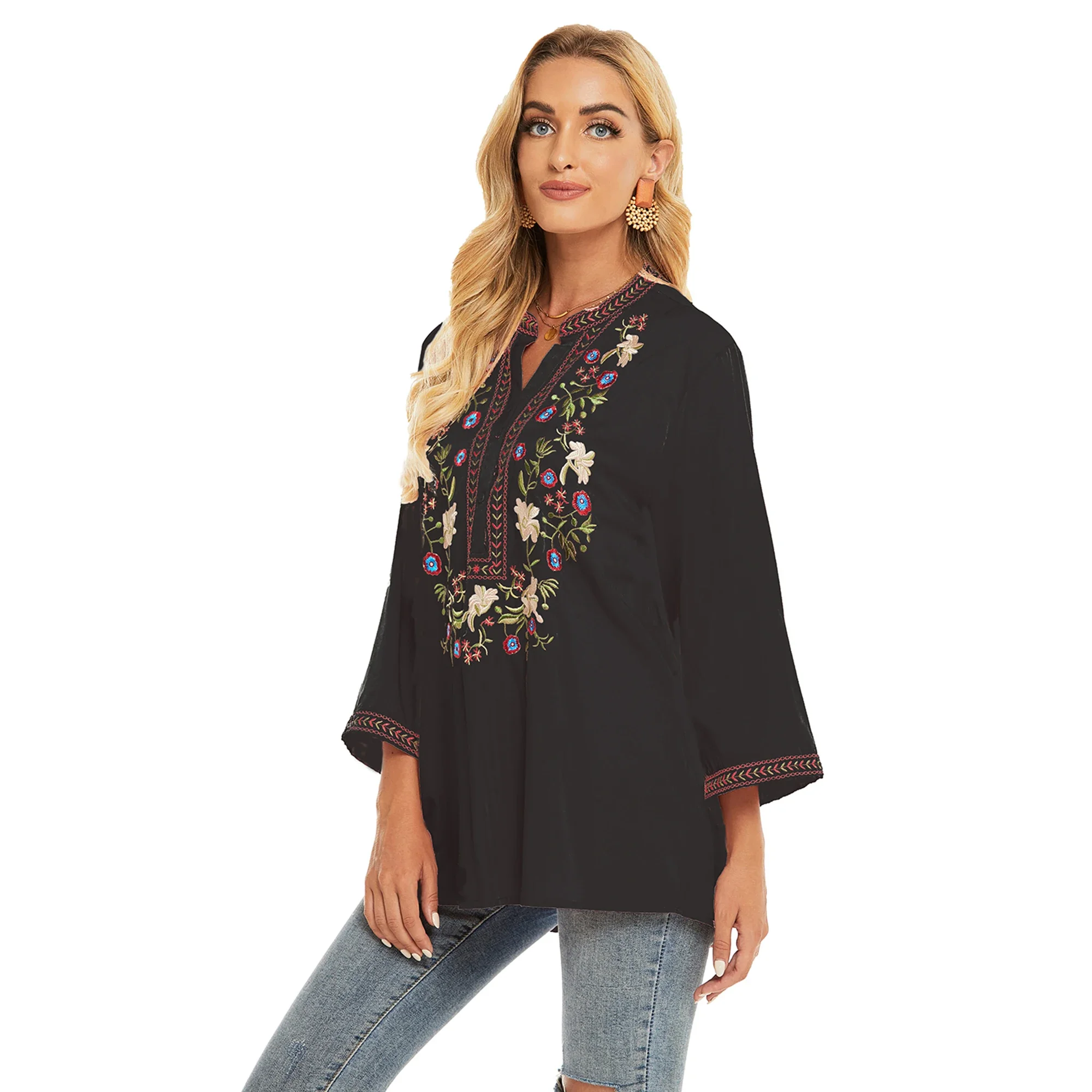 Eaeovni Ladies Loose Pullover Embroidered Shirts Plus Size Long Sleeve Tops Ladies Farmer Tops