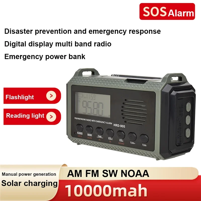 

Solar Hand Crank AM FM SW NOAA Weather Radio 4 Ways Powered 10000Mah Multifunction Radio Torch SOS Alarm Power Bank