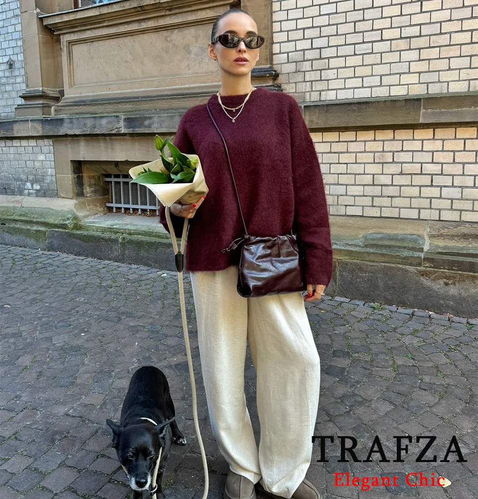 TRAFZA Women Fashion Oversized Blended Sweatshirt O-Neck Burgundy Color Loose Sweatshirt New 2024 Fall Winter Vintage Sweatshirt