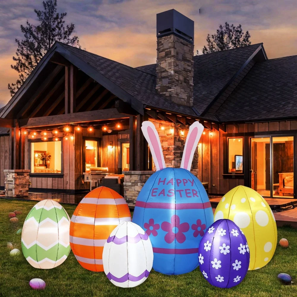 

8.5FT 6pcs Easter Eggs Inflatable Decorations with Rabbit Ears Outdoor Courtyard Garden Party Decoration Blow Up Easter Toys