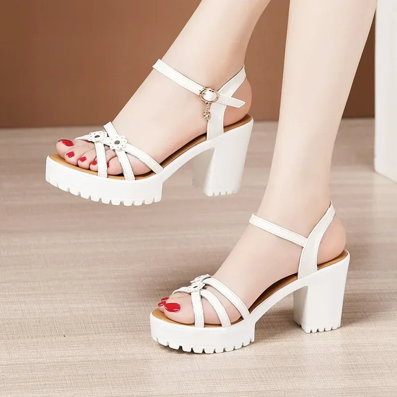 8cm Small Size 32-43 Elegant Floral Soft Leather Shoes Platform Sandals Summer 2024 Block High Heels Sandals for Office Model