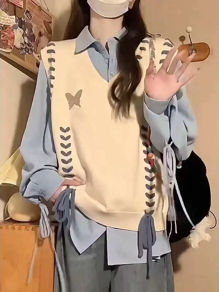 

Ранняя осень, вязаный жилет с v-образным вырезом и узлом, женский синий комплект irt Faion для колледжа, стандартный крой