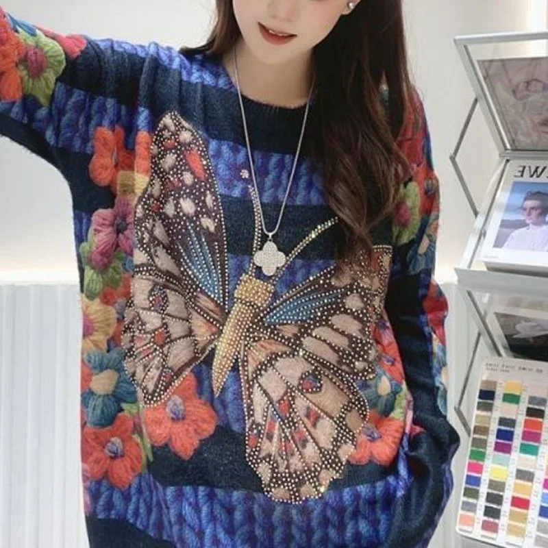 Korean Commuter Sweaters 2024 Autumn Winter New Women\'s Crew Neck Butterfly Jacquard Diamonds Loose High Street Long Sleeve Top