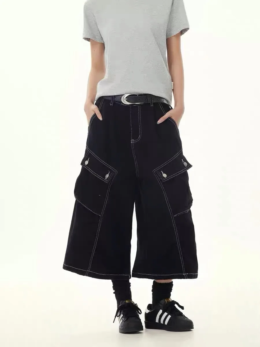 

Bla Heavyweight Multi-ket Workwear Seven-Foot Jeans Women's American Retro Deconstructed Denim Summer Dra Wide Leg S...