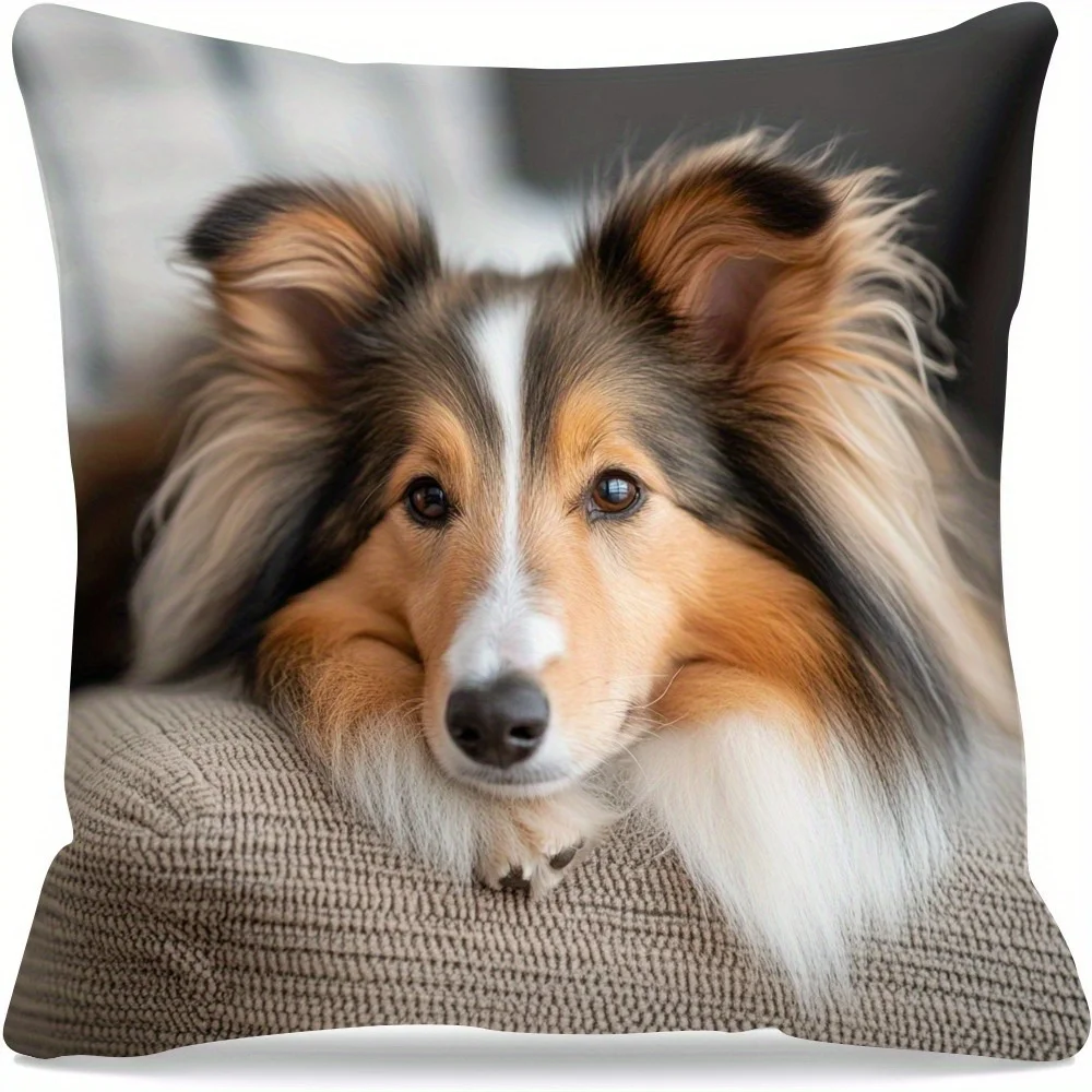 1pc Shetland Sheepdog Portrait Double‑Sided Print Pillow Cover, Cushion Case for Sofa Bedroom, Insert Not Included, Home Decor