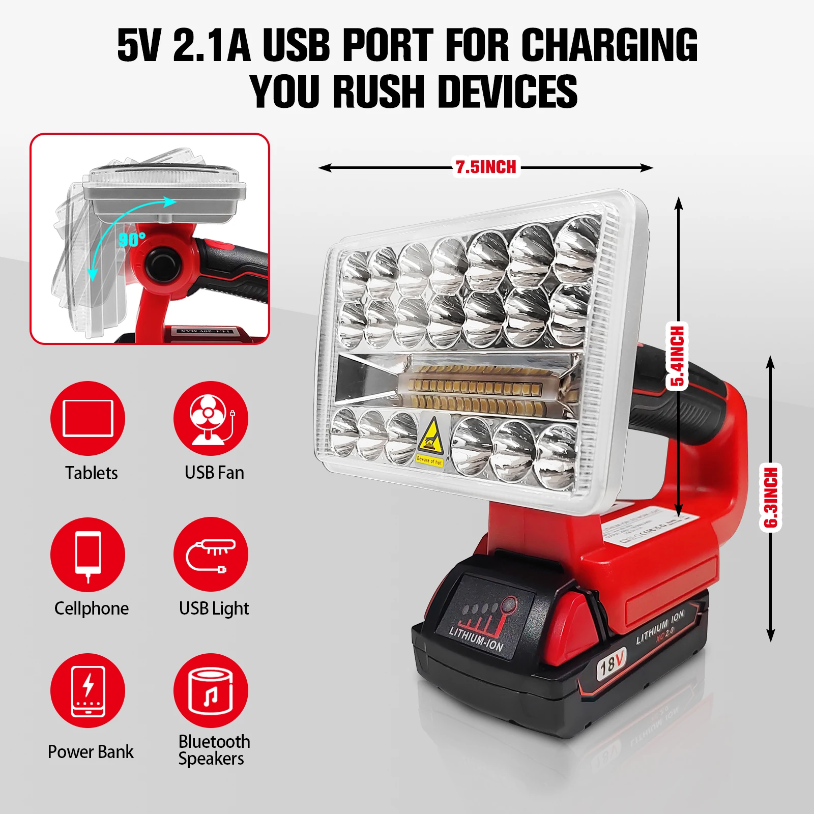 18W 2000lm Draagbare Led-Werklamp Voor Milwaukee 18V Batterij Oplaadbare Led-Schijnwerper Draadloze Zaklamp Met Usb-Poort