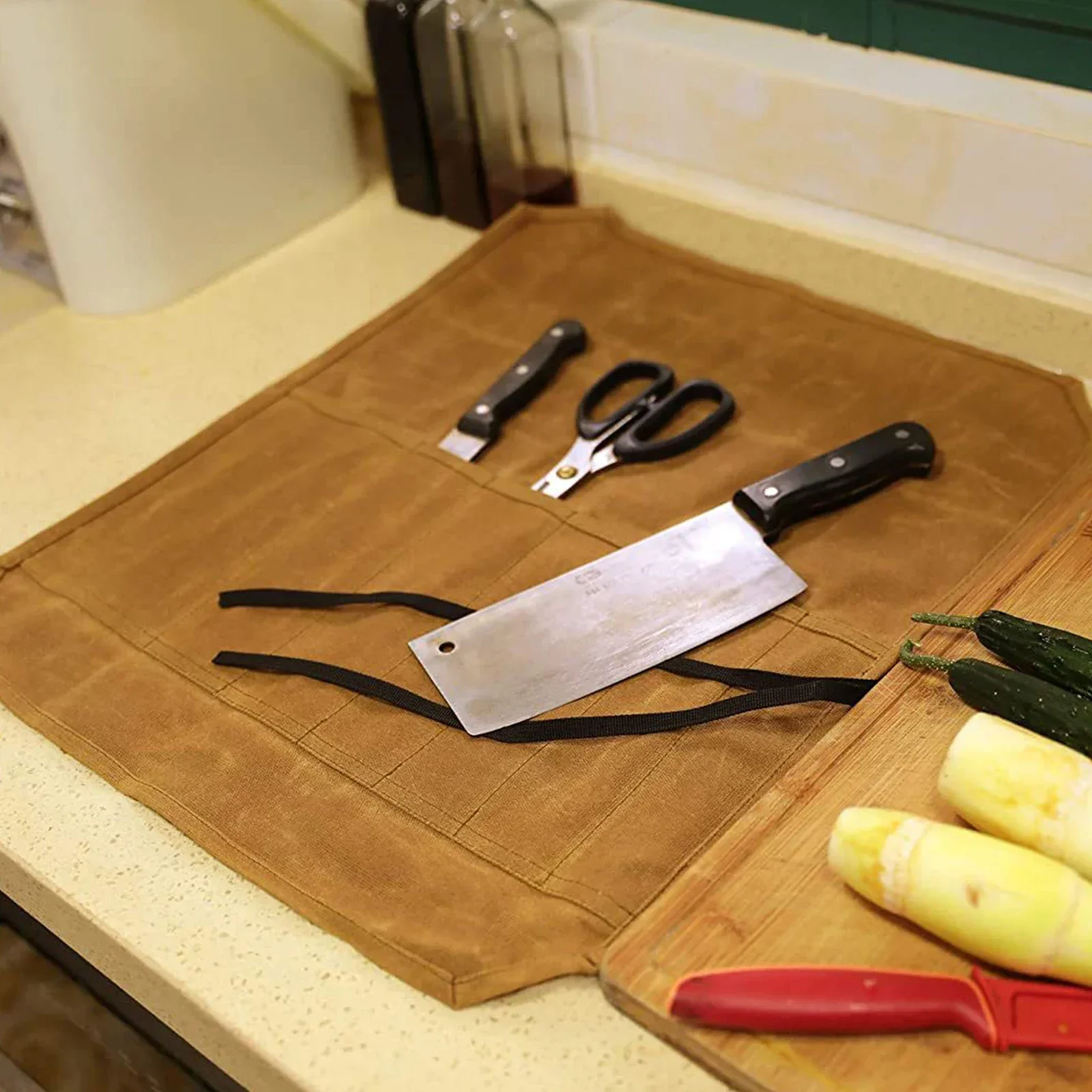 Rolo de saco para faca de chef com design à prova d'água e dobrável para armazenamento e proteção de ferramentas de cozinha