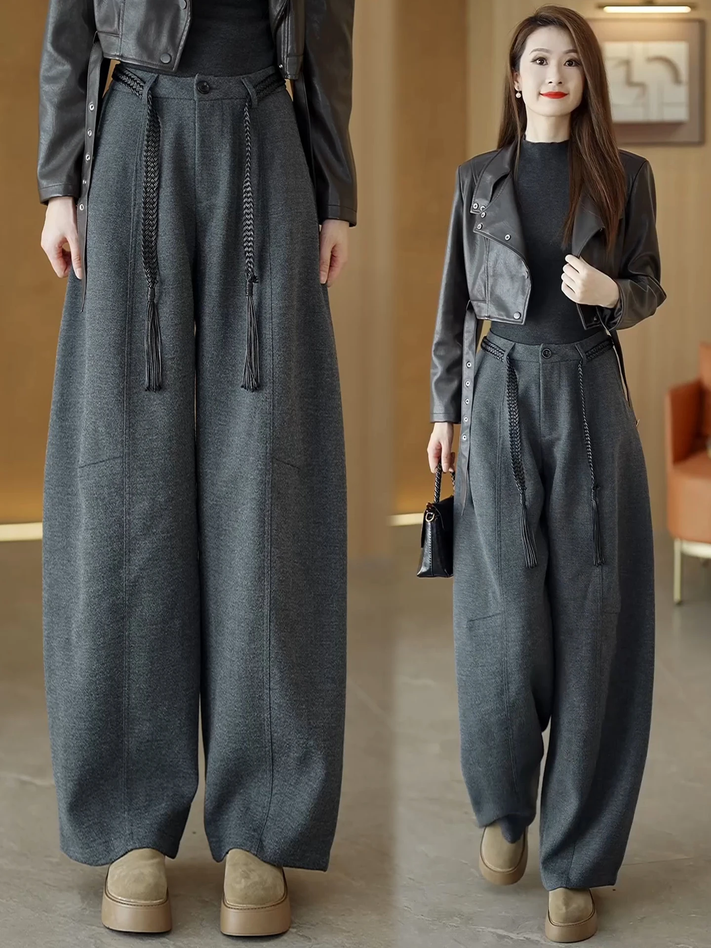 

High Waist Wide Leg Knife Pants Women's Autumn Winter New Style Casual Fleece Lined Woolen Loose Balloon Pants