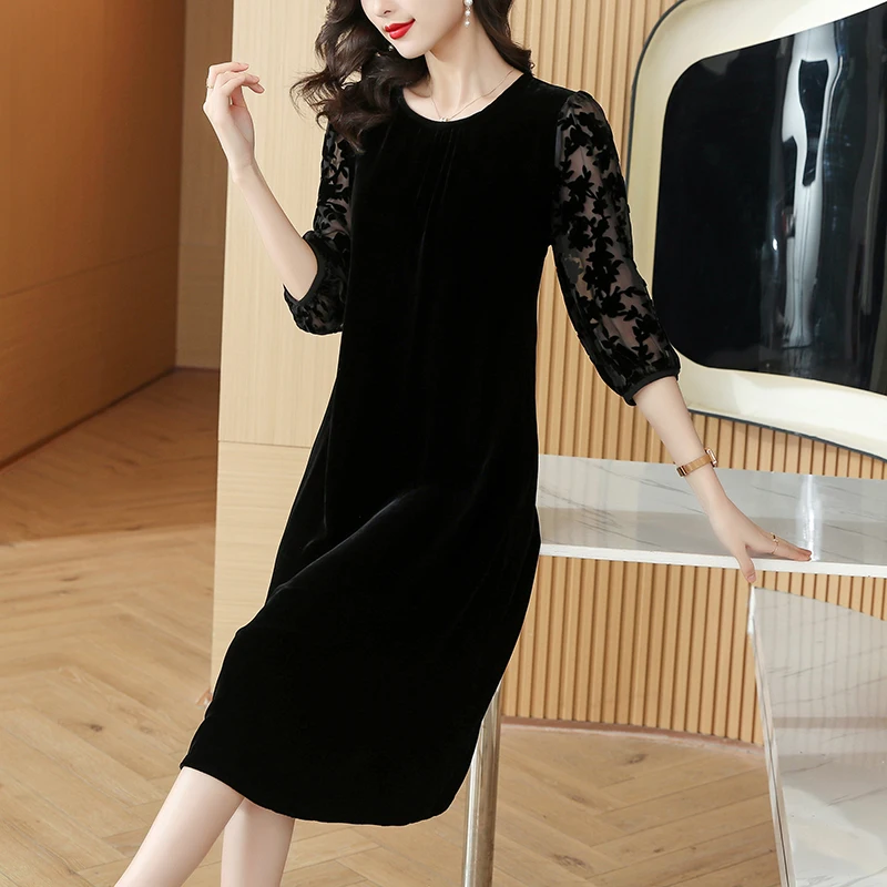 2023 Spring and Autumn Silk Velvet Dress Women\'s Celebrity Loose Large Size Hollow out Velvet Black Slim Knee Long Dress Robe