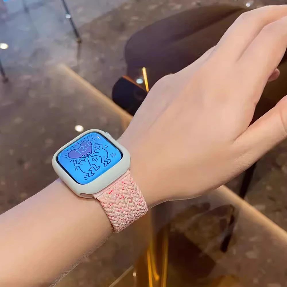 

Korean Cute Braied Strap + Case For Apple Watch Band 49mm 41mm 45 44 38 42 Nylon Bracelet For iWatch Series 9 8 7 6 5 4 3 SE 40