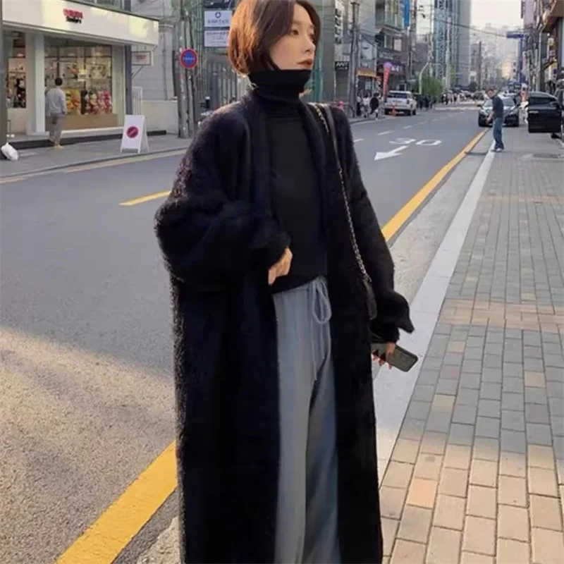 2024 Autumn Winter Women Korean Mink Fur Sweater Jacket Loose Lazy Style Cardigan Bathrobe Female Mid Length White Knitted Coat