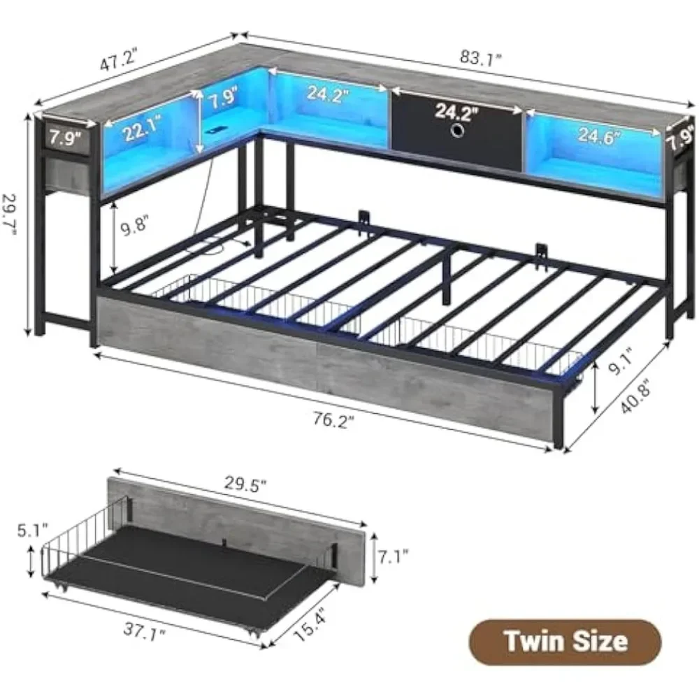 Corner Bed Frame Twin Size with Bookcase and 2 Underbed Storage Drawers, Modern Twin Bed with LED Light and Charging Station