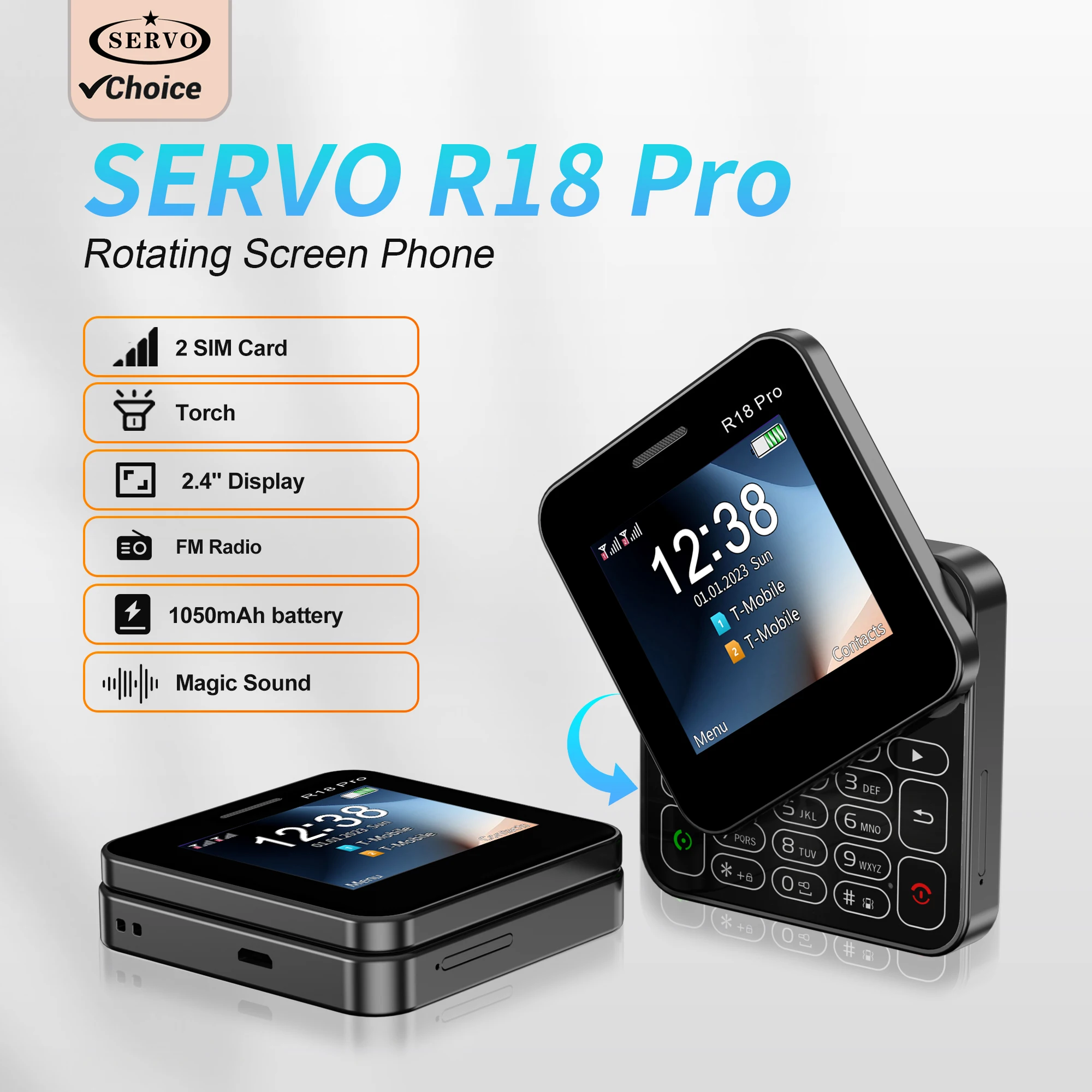 SERVO R18 PRO Rotate Screen Mobile Phone 2G GSM Speed Dial Blacklist Magic Voice FM Radio 2.4