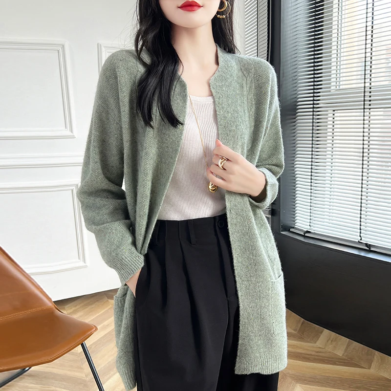 Round-Neck Mid-Length 100% Pure Wool Cardigan Sweater Women\'s Coat Loose All-In-One Fall/Winter Knit Floral Yarn Pocket Jacket