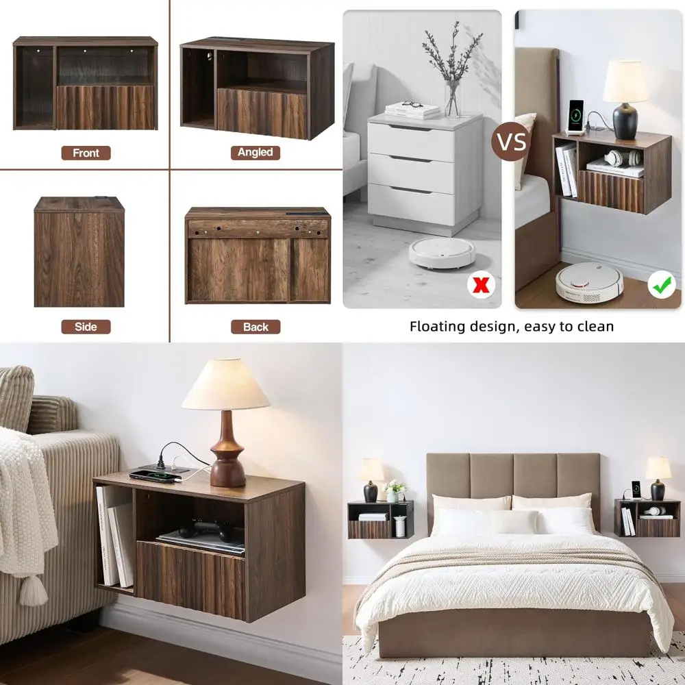 

Walnut Fluted Floating Nightstand with Charging Station, Drawers, USB Ports, and Outlets for Bedroom (Left Side)