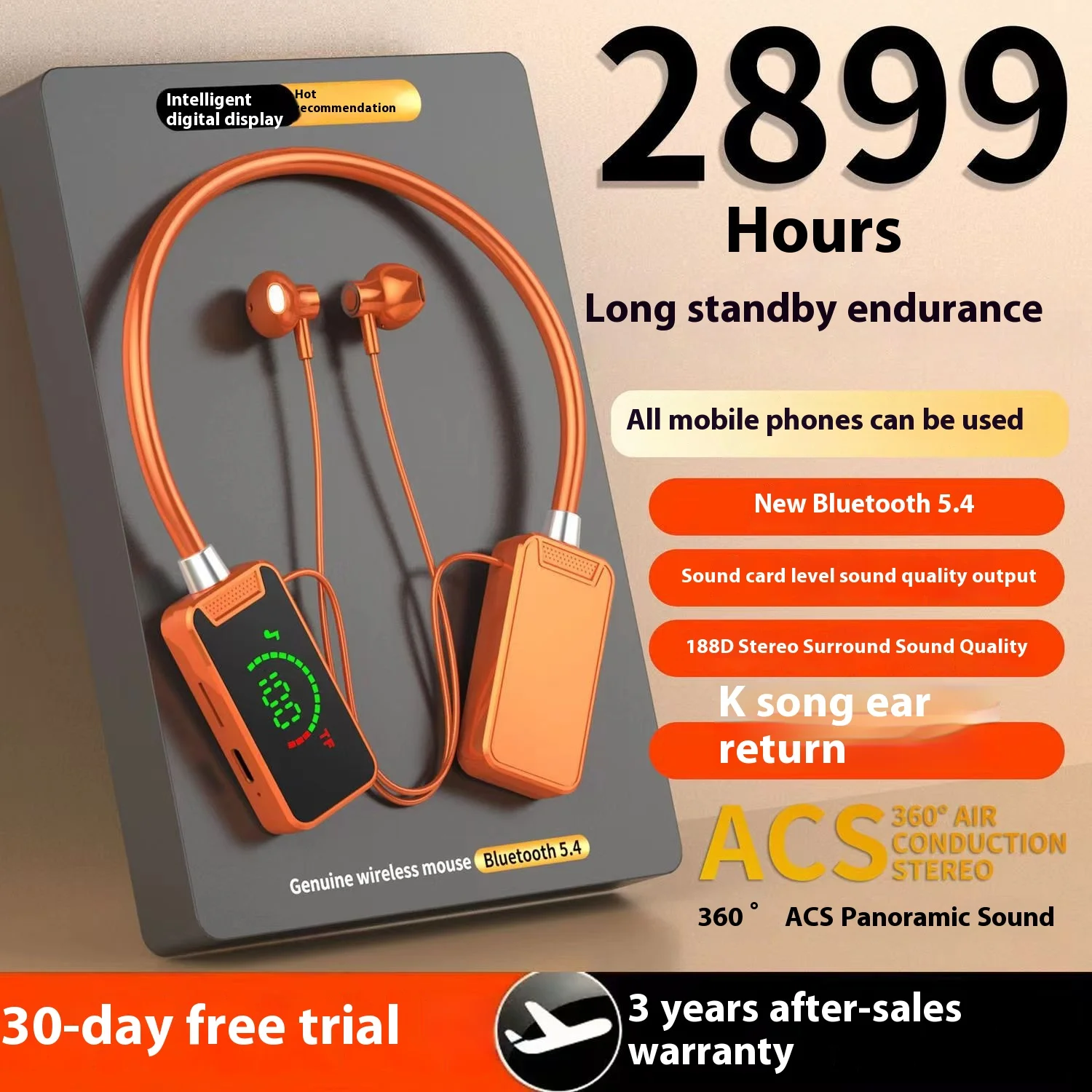 Fones de ouvido Bluetooth pendurados no pescoço com tela grande, display digital de bateria, feedback de ouvido esportivo e ultra