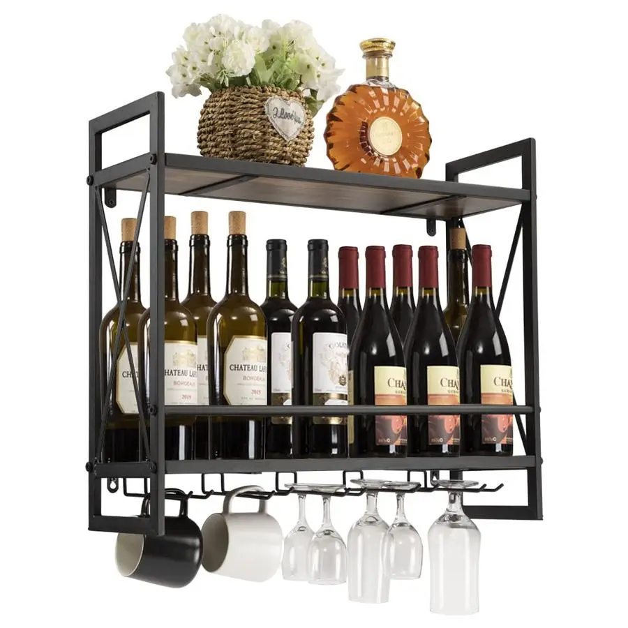 

Industrial Wall Mounted Wine Rack, 2Tier Wood Wine Bottle Shelf with 5 Stem Glass Holders for Wine Glasses, Mugs, and 2 Metal Ba
