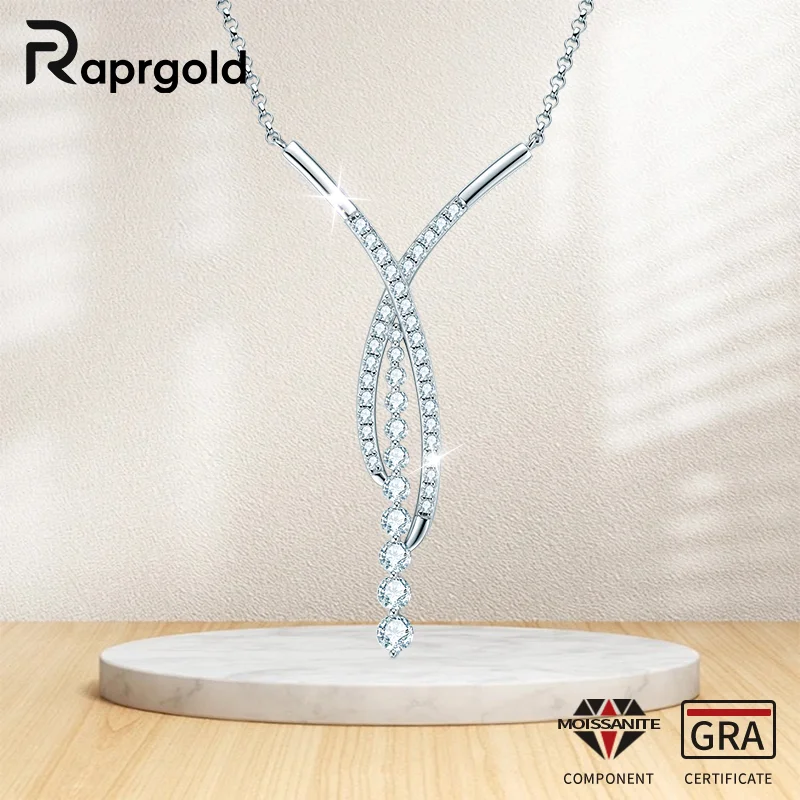 

RAPRGOLD Certified Moissanite Crossover Pendant Necklace Bead Chain for Women 925 Sterling Silver Necklaces Jewelry Gift Collare
