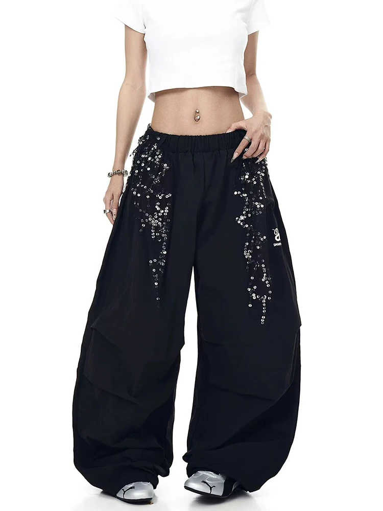 Korean Chic Sequin Lace Up Sweatpants Y2K Streetwear Oversized Wide Leg Pants High Waist Patchwork Casual Folds Parachute Pants