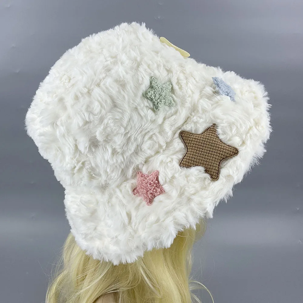 New 2024 Winter Warm Cute Star Fisherman white Hat For Women Thicken Warm Caps Fashion Sale Baotou Imitation Wool Rabbit Fur Hat