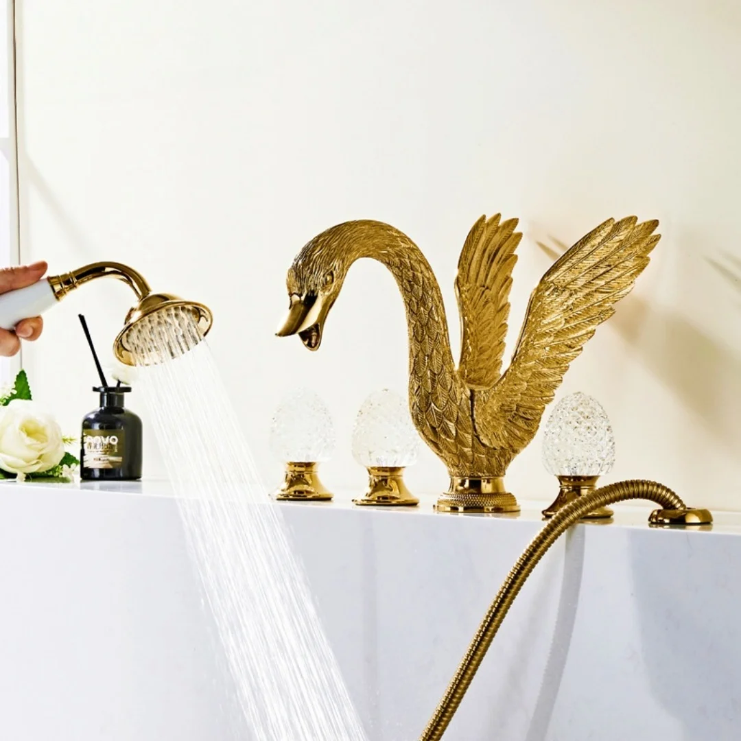 Gold Swan Bathtub Faucet With Hand Shower Head Widespread Copper Hot Cold Basthtub Mixer Luxury Bath tub Faucet Bathtub Tap