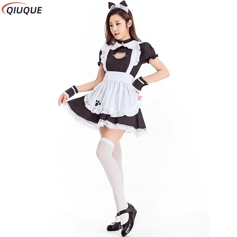 Schwarze Lolita Kleider Dienst mädchen süße Katze Cosplay Kostüm Frauen Anzug Schürze Kleid Halloween Kostüme