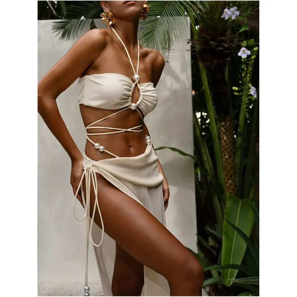 Halterneck Pearl Bandeau Bikini Chic High Waist Sexy Swimsuit Sarong 2024 New Solid Swimwear Women Lace-up Mujer Biquini