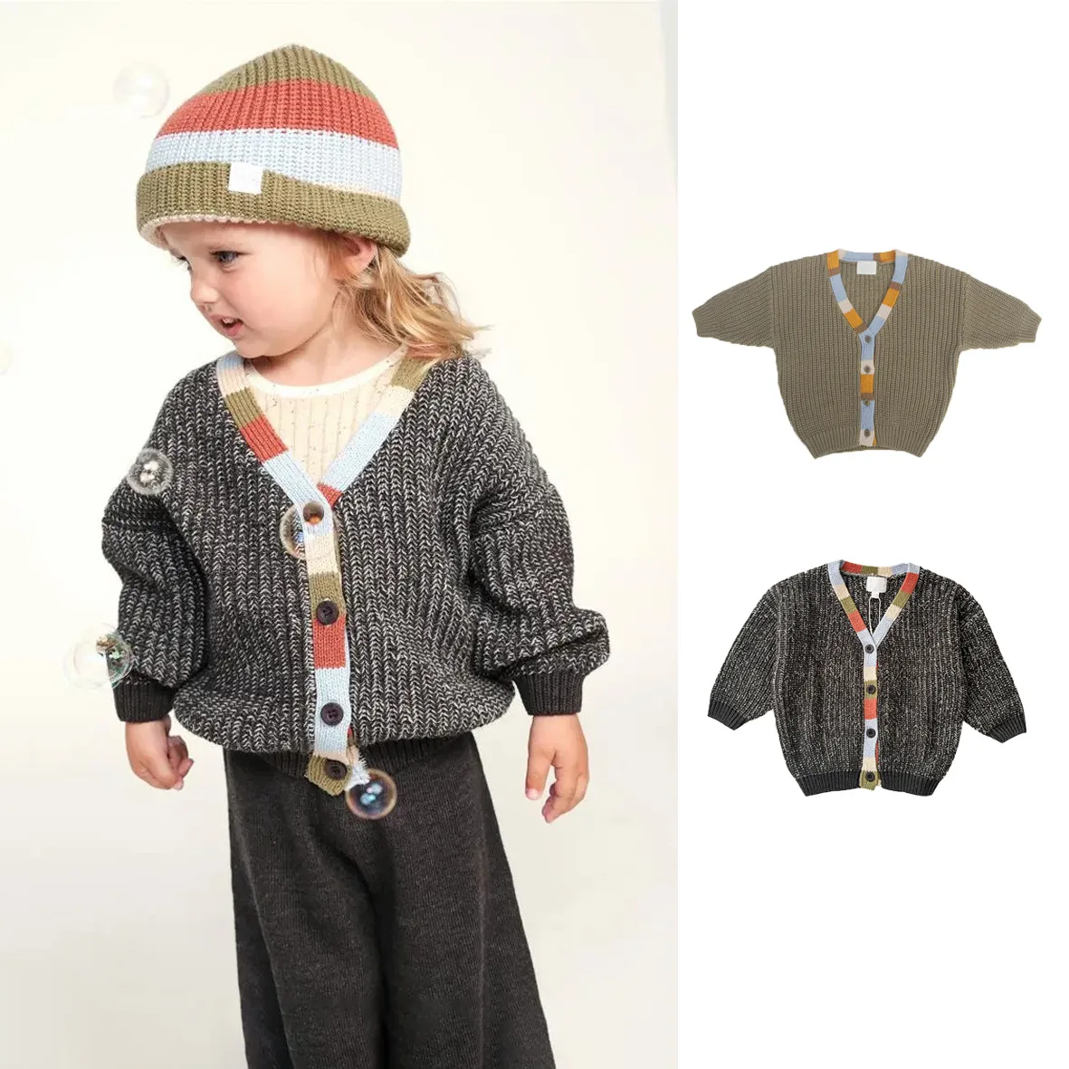 Nowa kolekcja dziecięca jesień/zima 2025: swetry rozpinane, bluzki z dekoltem w serek dla chłopców i dziewcząt, modne i uniwersalne kurtki dla niemowląt.