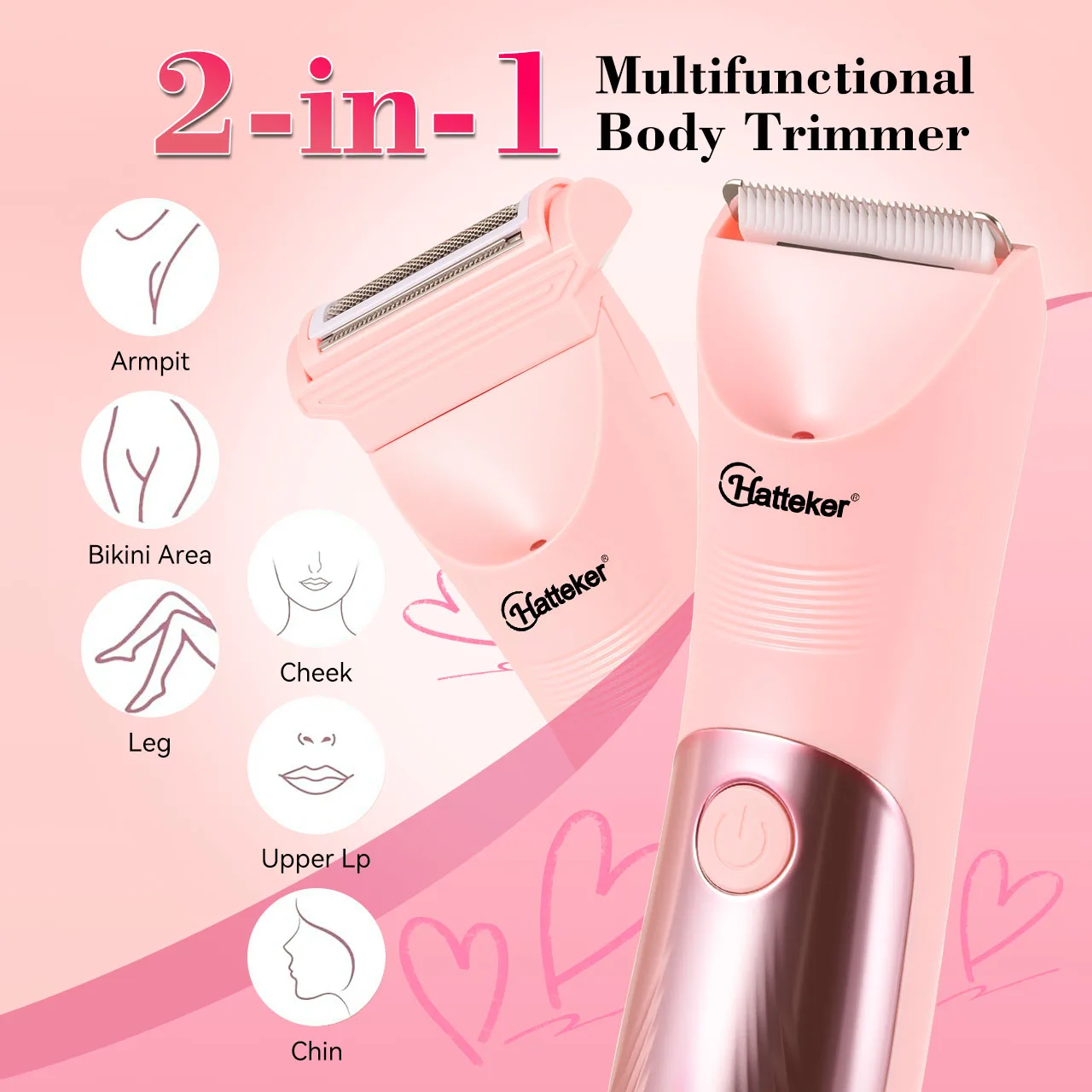 HATTEKER 2-in-1 Women Multi-Function Electric Hair Remover Home Use Waxing Tool Washable Full Body Intimate Trimmer Razor