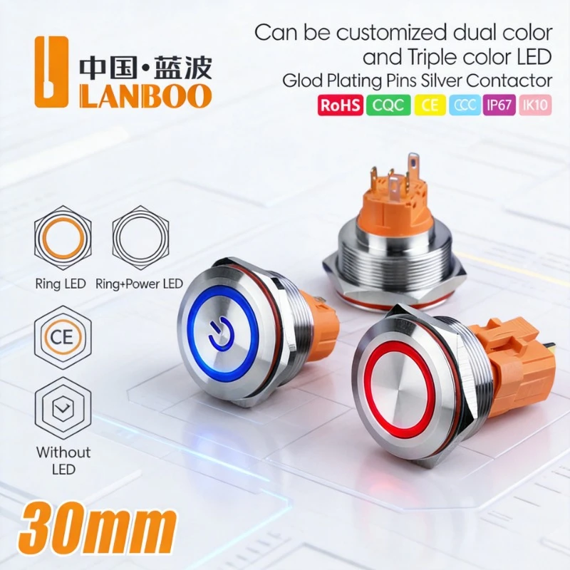 LANBOO 30mm momentary or latching switch with LED  metal push button switch 1NO1NC/2NO2NC