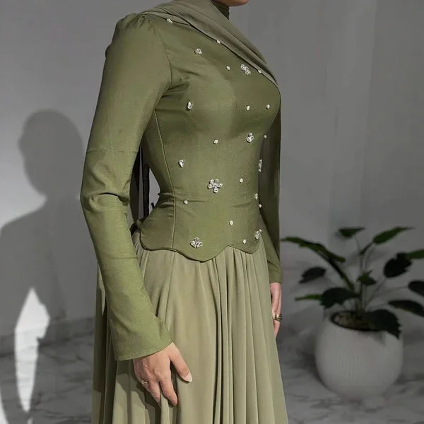 Muslim Olive Green Beaded Prom Dresses Ruffled Elegant Evening Dress Arabic Flowy Dubai Formal Wedding Party Gown Customized image 3