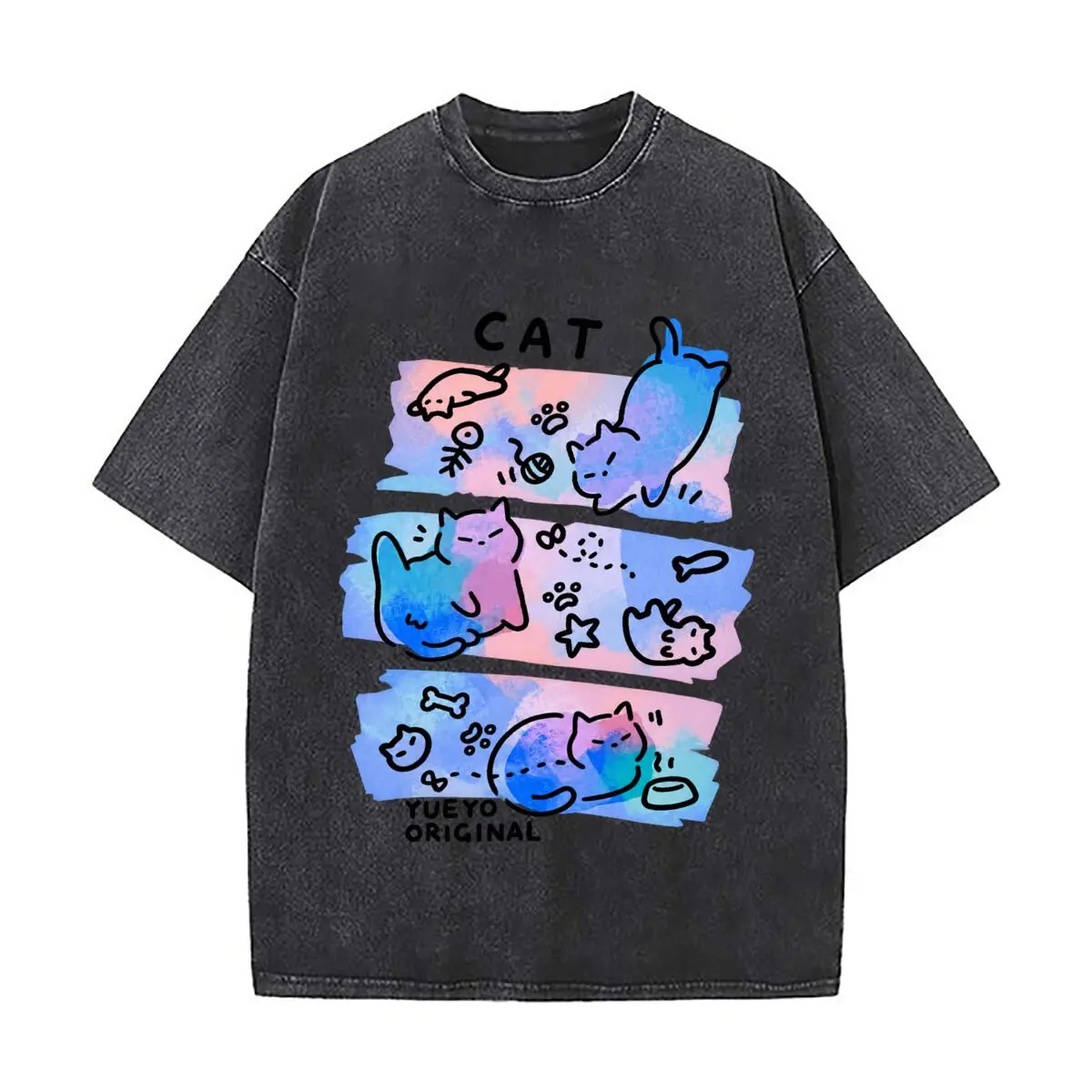CAT YUEYO ORIGINAL Dreamy Watercolor Cats Paw Fish Bone Vintage Distressed Loose Streetwear Tops