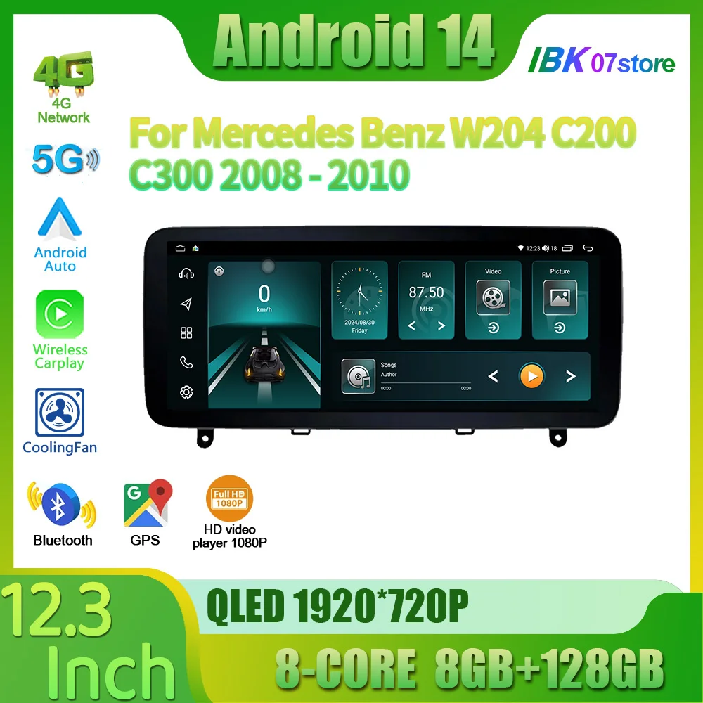 

12,3 дюйма для Mercedes Benz W204 C200 C300 2008-2010 Автомобильный радиоприемник Android 14 Carplay Мультимедийная система Навигация Универсальный экран